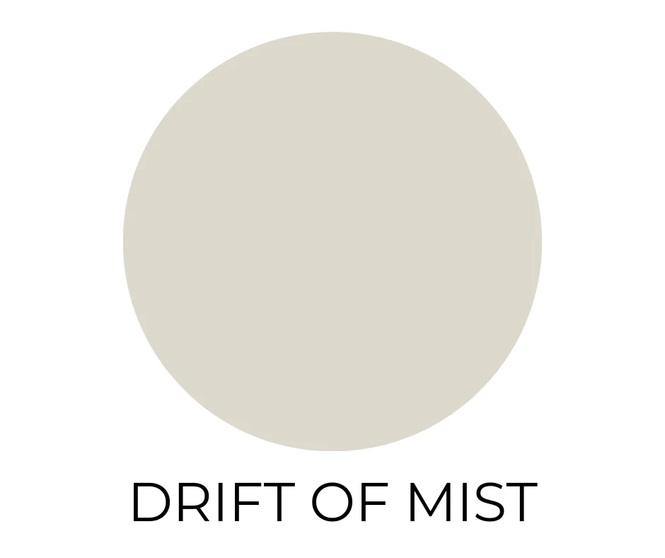 Sherwin-Williams Drift of Mist SW 9166 paint color swatch shown as a soft warm gray neutral