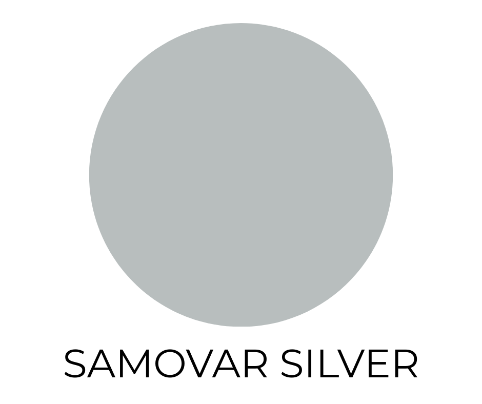 Sherwin-Williams Samovar Silver SW 6233 paint color swatch shown as a soft silvery blue gray