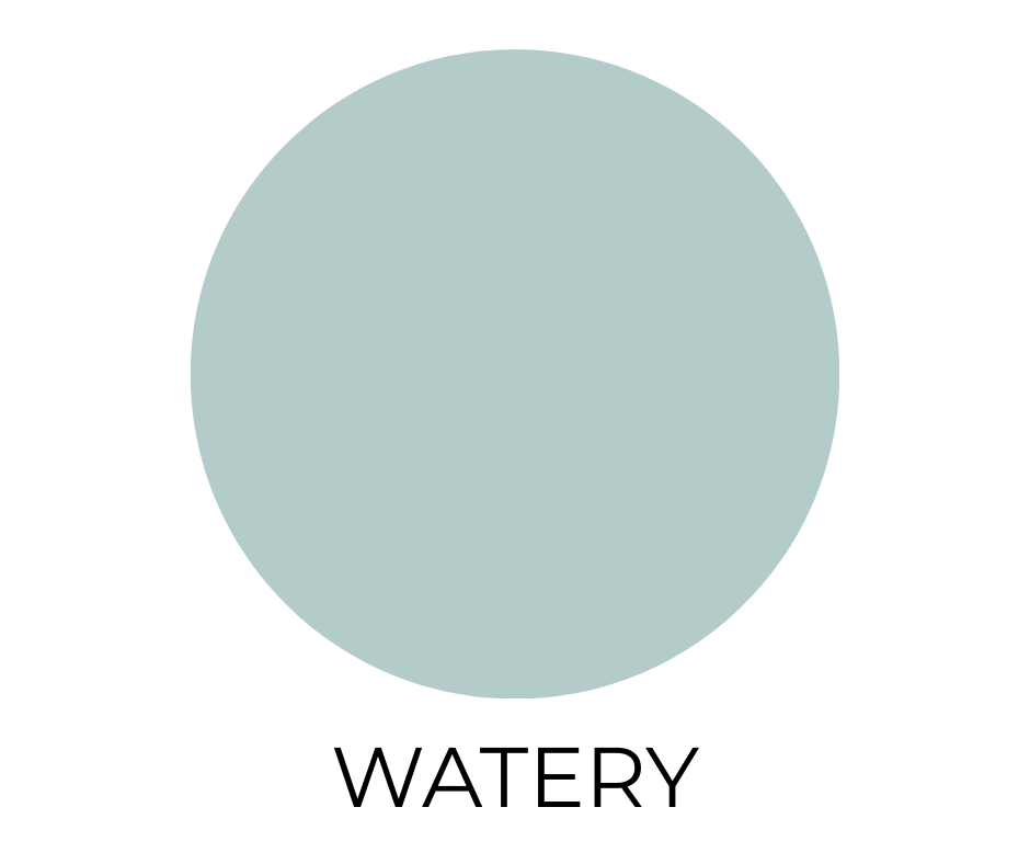 Sherwin-Williams Watery SW 6478 paint color swatch shown as a soft light aqua blue