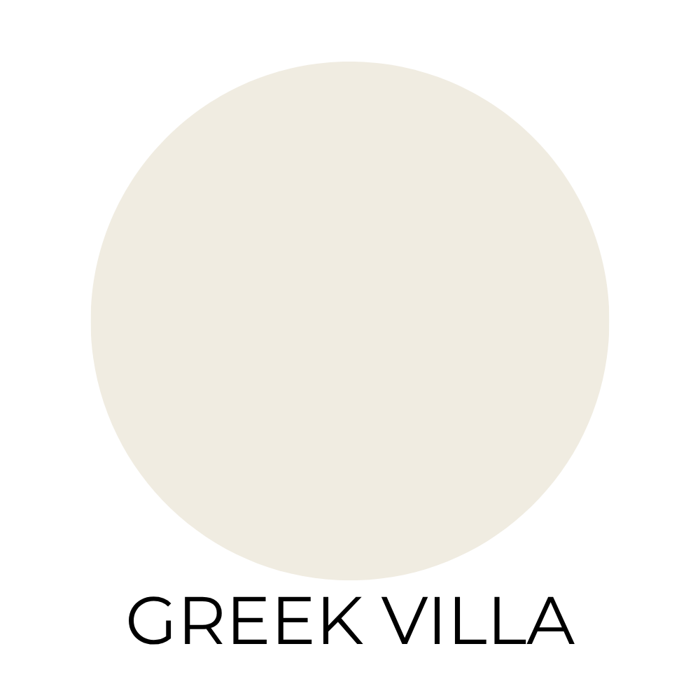 Sherwin-Williams Greek Villa paint color swatch shown as a warm, creamy white circle on a light background with the label “Greek Villa” below.
