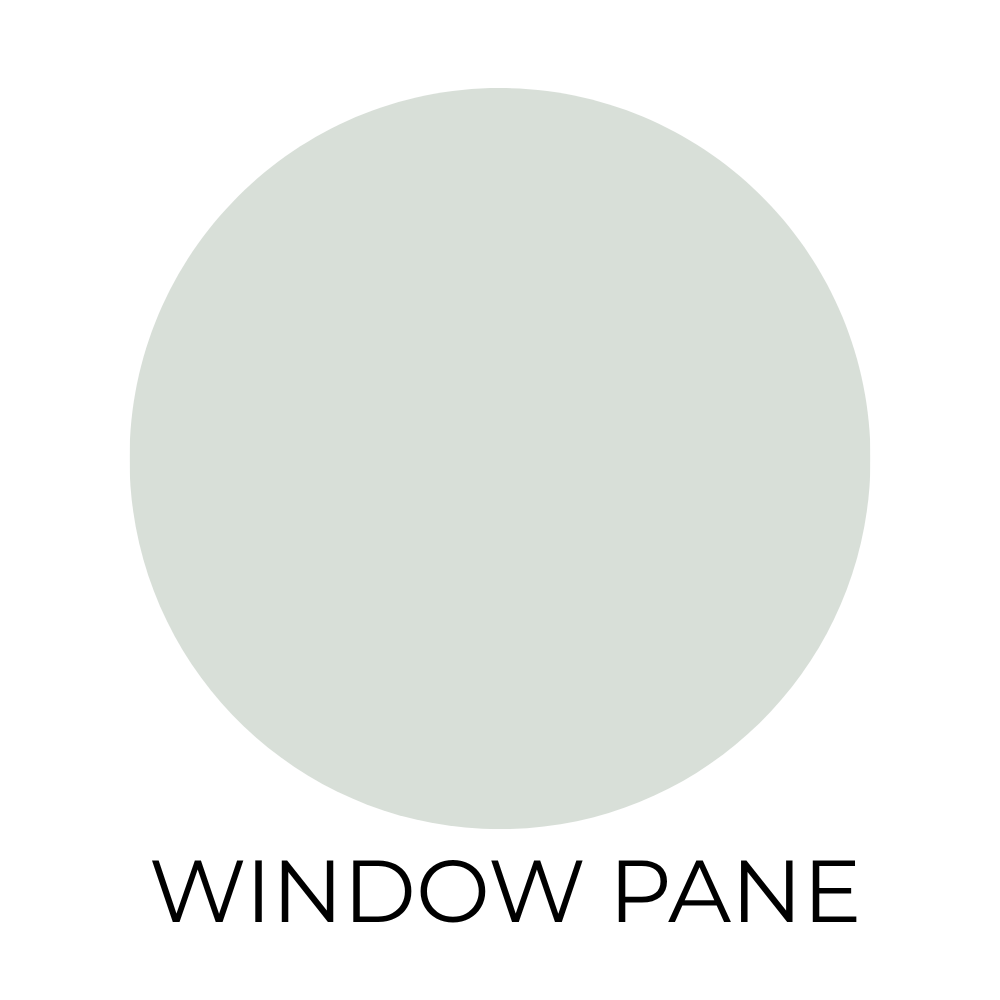 Sherwin-Williams Window Pane paint color swatch shown as a soft light aqua blue-green circle on a light background with the label “Window Pane” below.