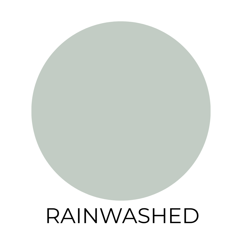 Sherwin-Williams Rainwashed paint color swatch shown as a soft muted blue-green circle with subtle gray undertones on a light background with the label “Rainwashed” below.