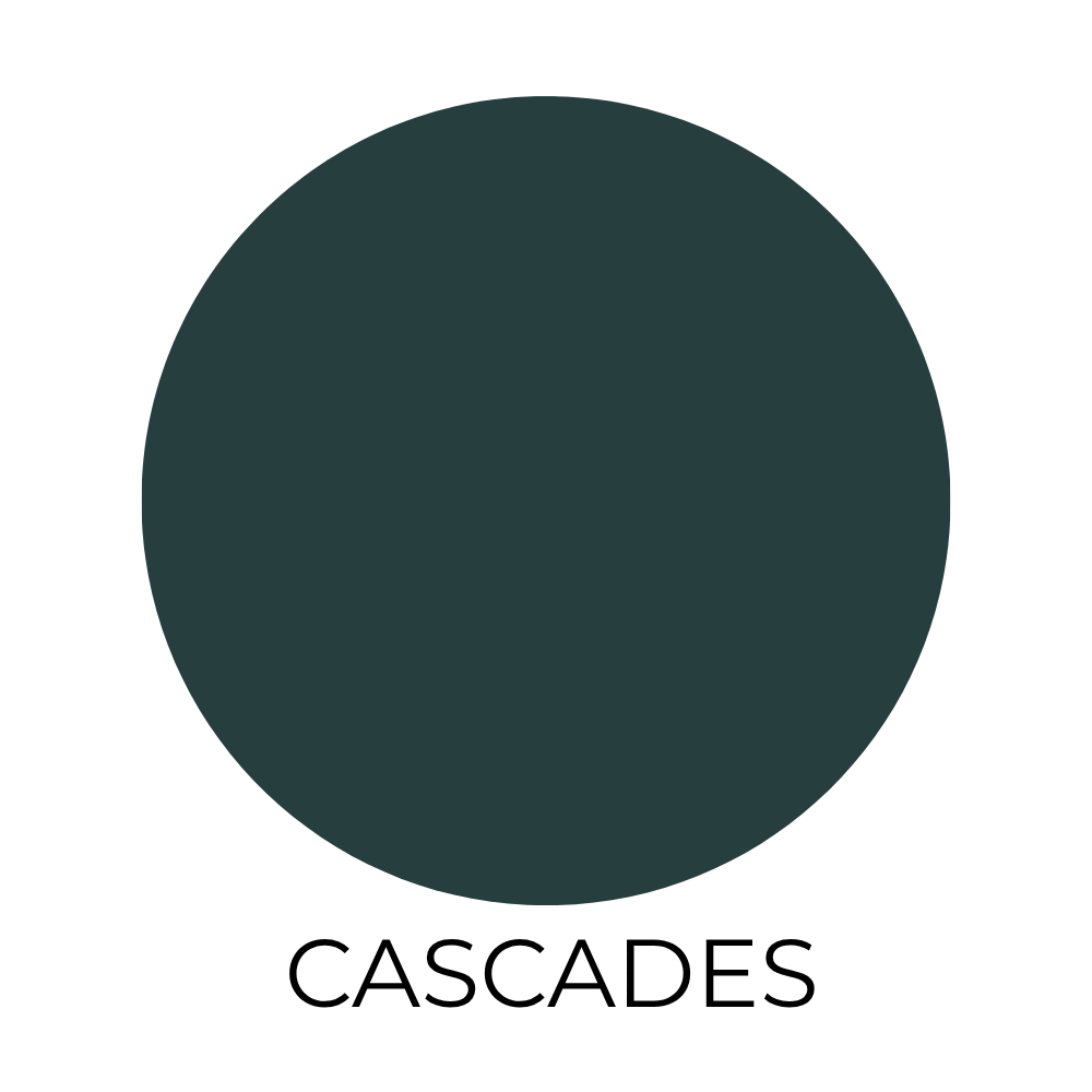 Sherwin-Williams Cascades paint color swatch shown as a deep blue-green circle with rich, moody tones on a light background with the label “Cascades” below.