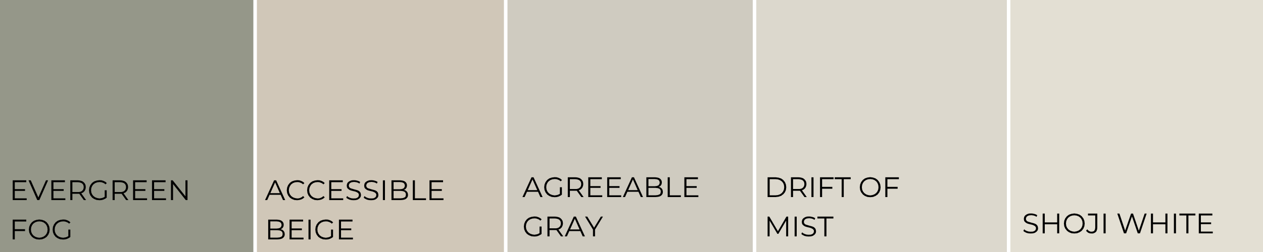 Sherwin-Williams warm greige color palette featuring Evergreen Fog, Accessible Beige, Agreeable Gray, Drift of Mist, and Shoji White swatches arranged side by side.
