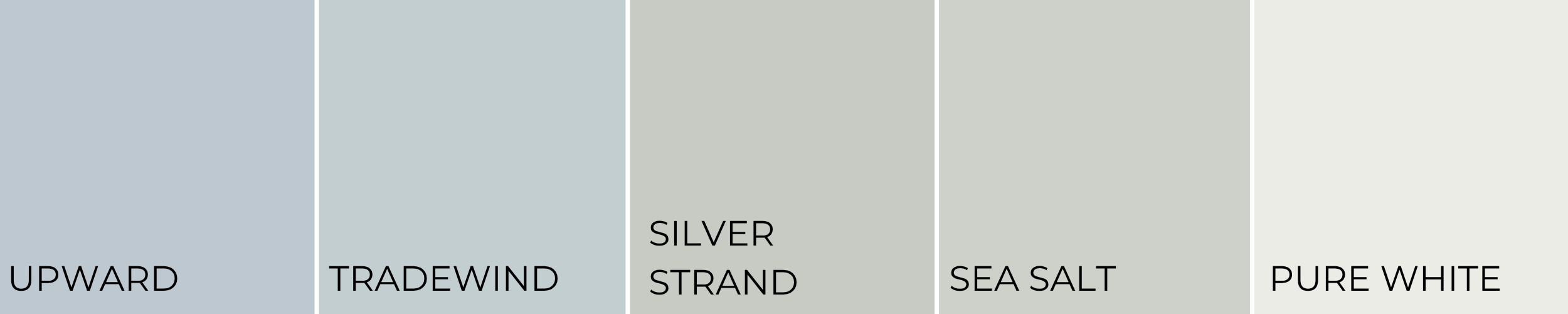 Sherwin-Williams light coastal color palette featuring Upward, Tradewind, Silver Strand, Sea Salt, and Pure White swatches displayed side by side.