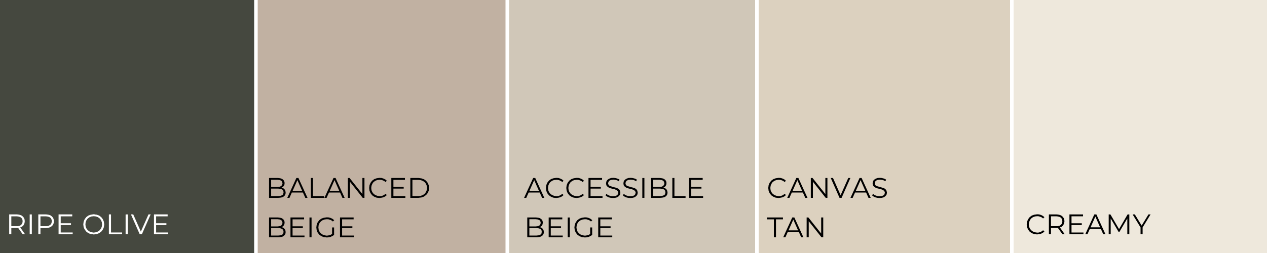 Sherwin-Williams cozy earth tone color palette featuring Ripe Olive, Balanced Beige, Accessible Beige, Canvas Tan, and Creamy swatches displayed side by side.
