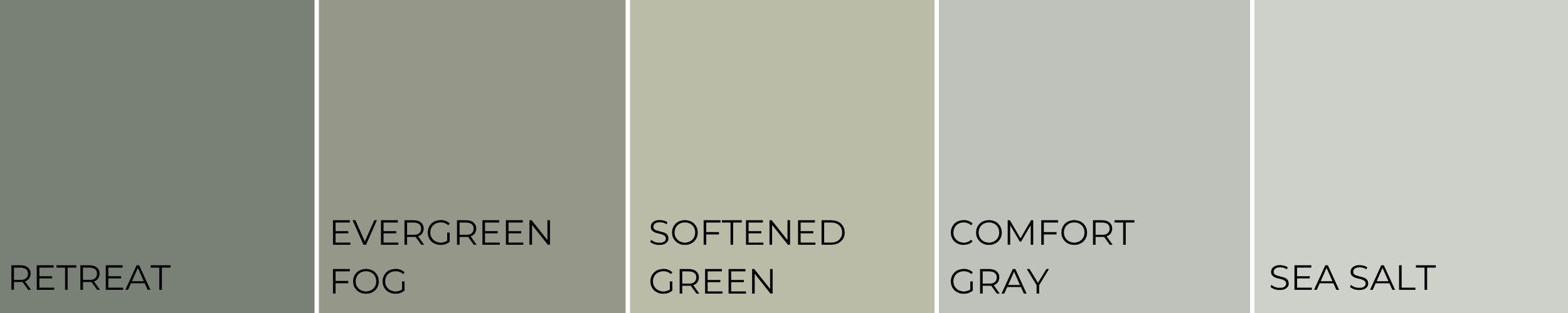 Sherwin-Williams soft green color palette featuring Retreat, Evergreen Fog, Softened Green, Comfort Gray, and Sea Salt swatches displayed side by side.