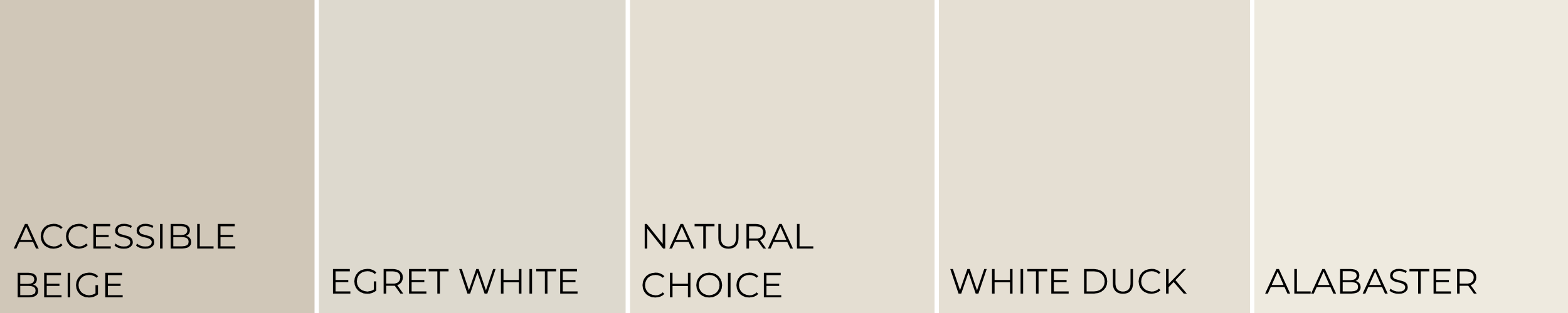 Sherwin-Williams neutral farmhouse color palette featuring Accessible Beige, Egret White, Natural Choice, White Duck, and Alabaster swatches displayed side by side.