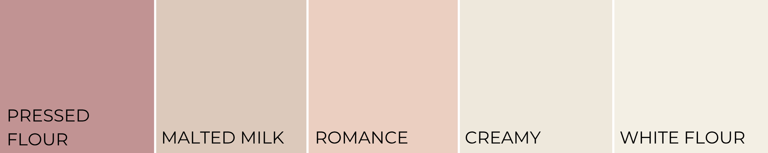 Sherwin-Williams soft feminine color palette featuring Pressed Flower, Malted Milk, Romance, Creamy, and White Flour swatches displayed side by side.