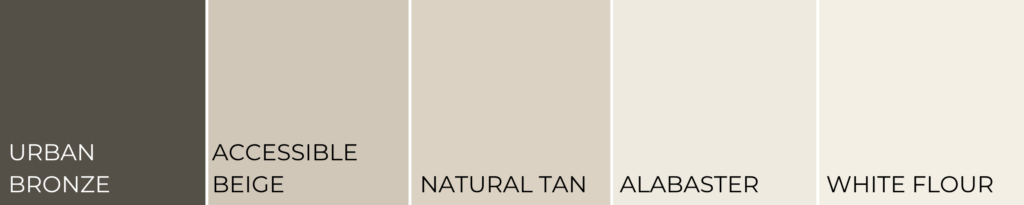 Sherwin-Williams warm neutral color palette featuring Urbane Bronze, Accessible Beige, Natural Tan, Alabaster, and White Flour swatches displayed side by side.