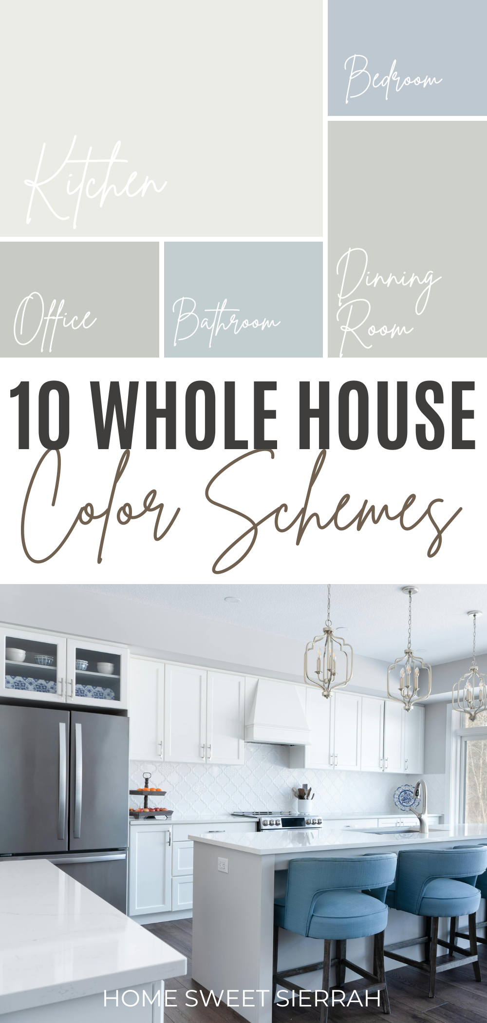 Pinterest pin for whole house color schemes featuring neutral blue-gray palette layout with labeled rooms and a bright white kitchen with blue bar stools and gold lighting fixtures.