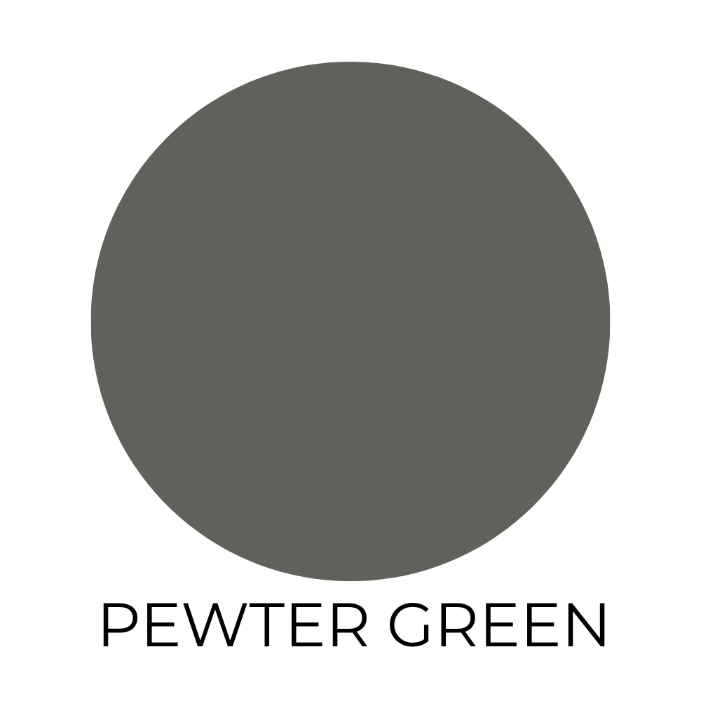 Paint color swatch labeled pewter green