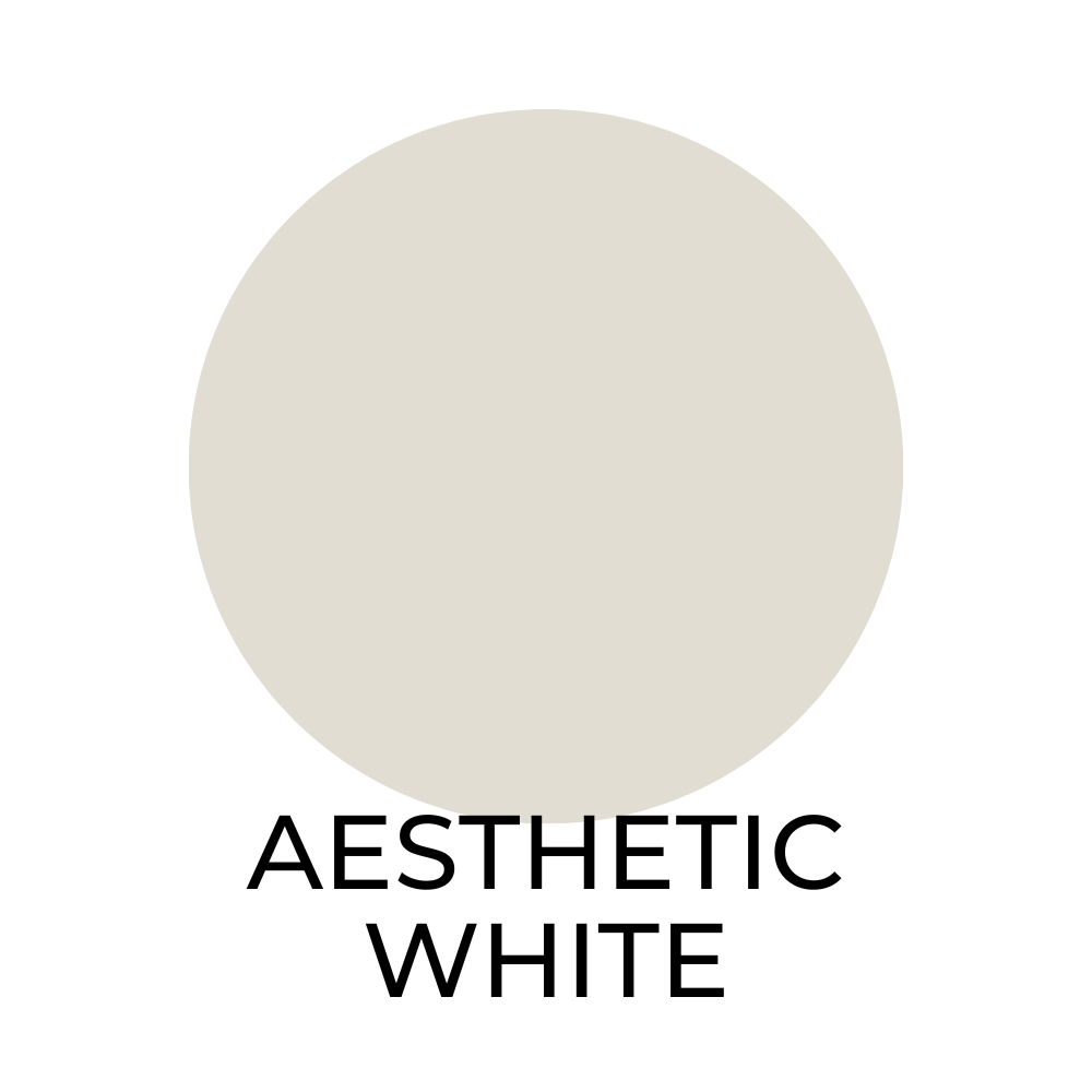 White paint color swatch labeled aesthetic white.