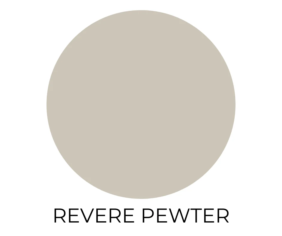 Beige paint color swatch for farmhouse labeled revere pewter.