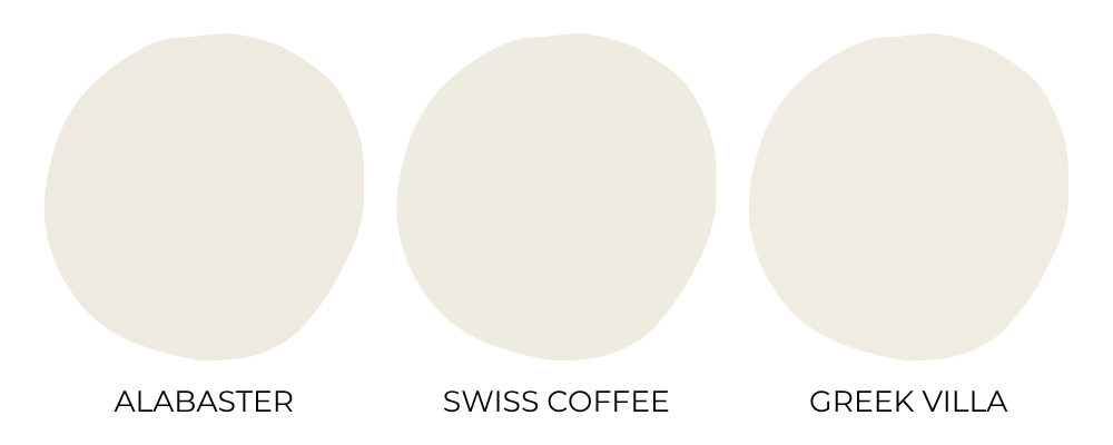 Modern kitchen paint color palette featuring warm white shades including Alabaster, Swiss Coffee, and Greek Villa with soft neutral beige paint swatches on a light background.
