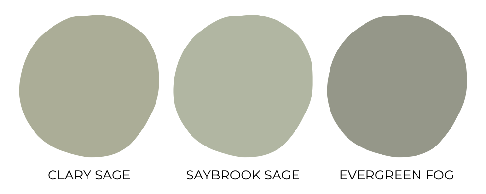 Sage green kitchen paint color palette featuring Clary Sage, Saybrook Sage, and Evergreen Fog with muted earthy green paint swatches on a light neutral background.