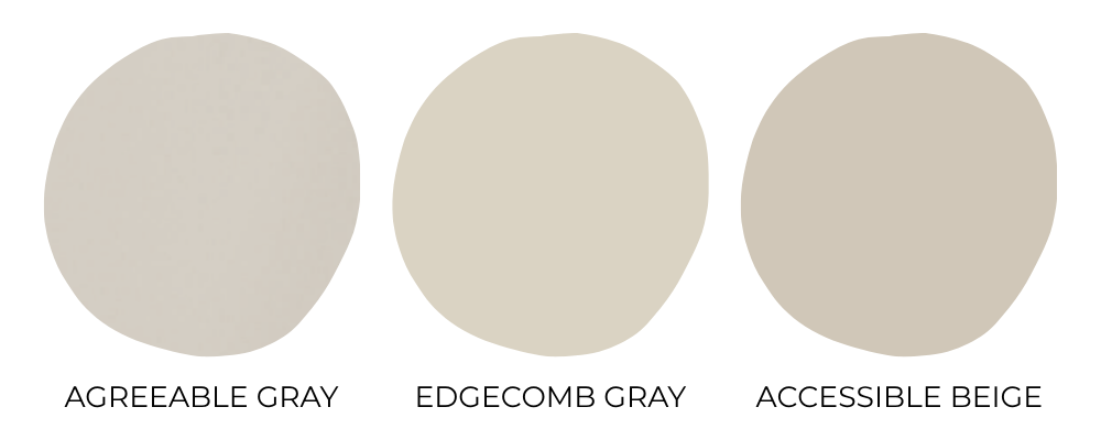 Greige kitchen paint color palette featuring Agreeable Gray, Edgecomb Gray, and Accessible Beige with warm neutral paint swatches on a soft light background.