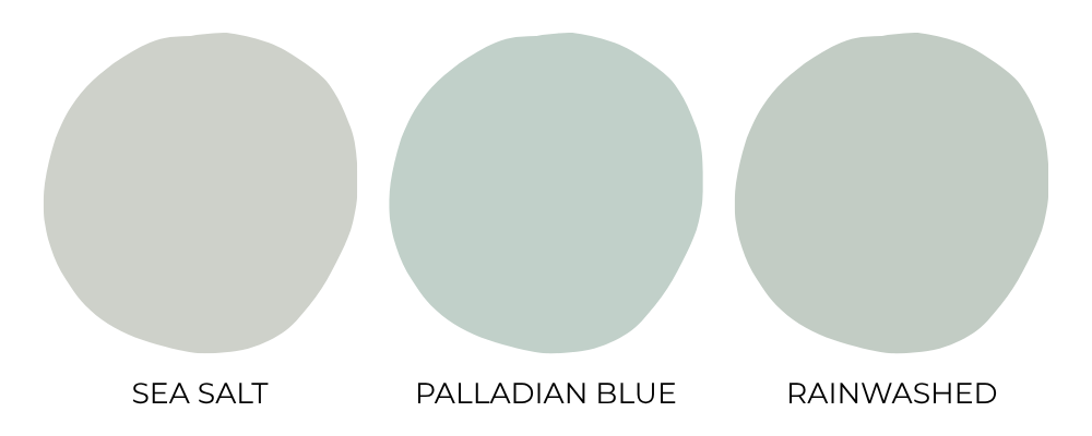 Soft blue kitchen paint color palette featuring Sea Salt, Palladian Blue, and Rainwashed with muted blue-green paint swatches on a clean neutral background.