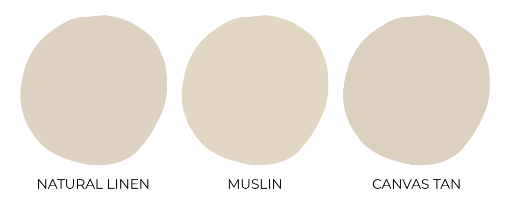 Warm beige kitchen paint color palette featuring Natural Linen, Muslin, and Canvas Tan with soft creamy beige paint swatches on a neutral background.