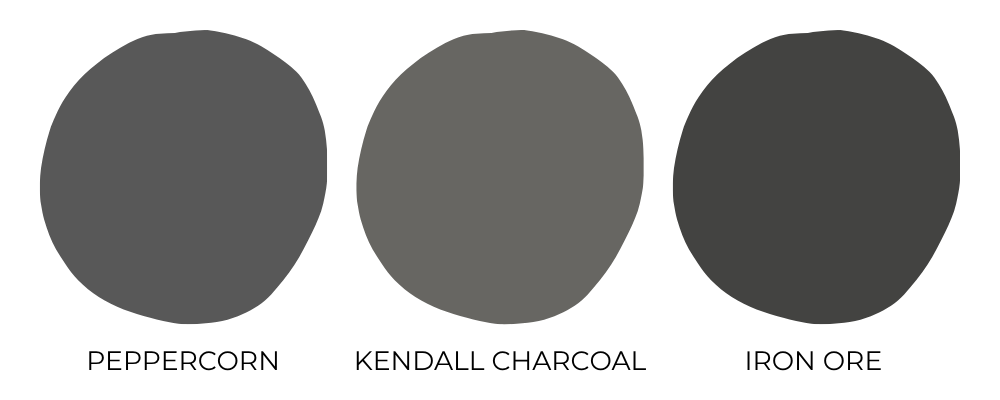 Charcoal gray kitchen paint color palette featuring Peppercorn, Kendall Charcoal, and Iron Ore with deep modern gray paint swatches on a soft neutral background.