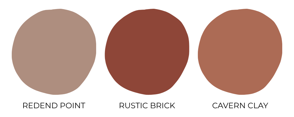 Soft terracotta kitchen paint color palette featuring Redend Point, Rustic Brick, and Cavern Clay with warm earthy clay-toned paint swatches on a neutral background.