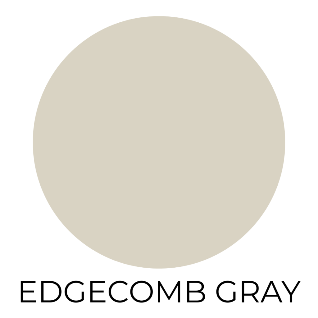Beige farmhouse paint color swatch labeled edge comb gray.