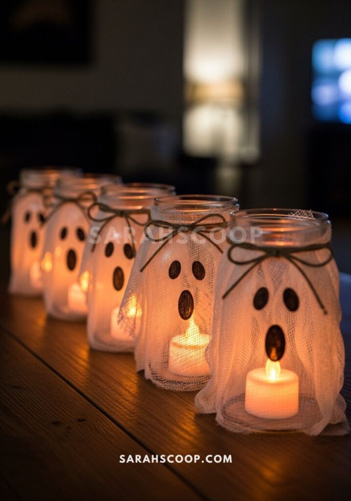 5 DIY mason jar Halloween ghost candle decorations with June and tea lights.