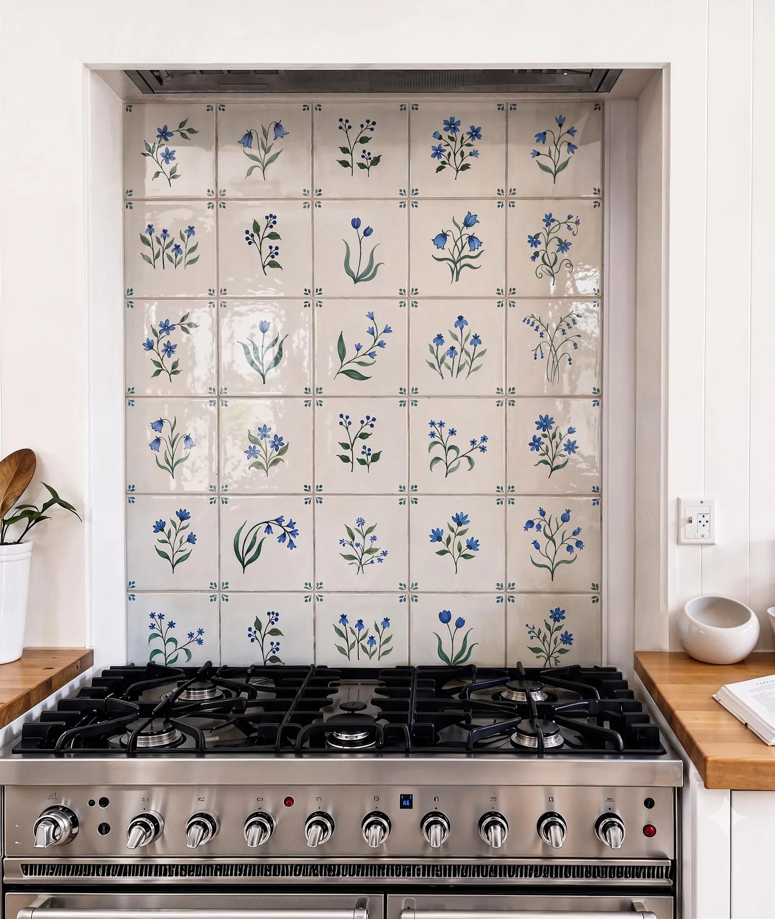 Popular kitchen backsplash idea featuring hand-painted floral tiles with delicate blue flowers and green leaves behind a stainless steel range.