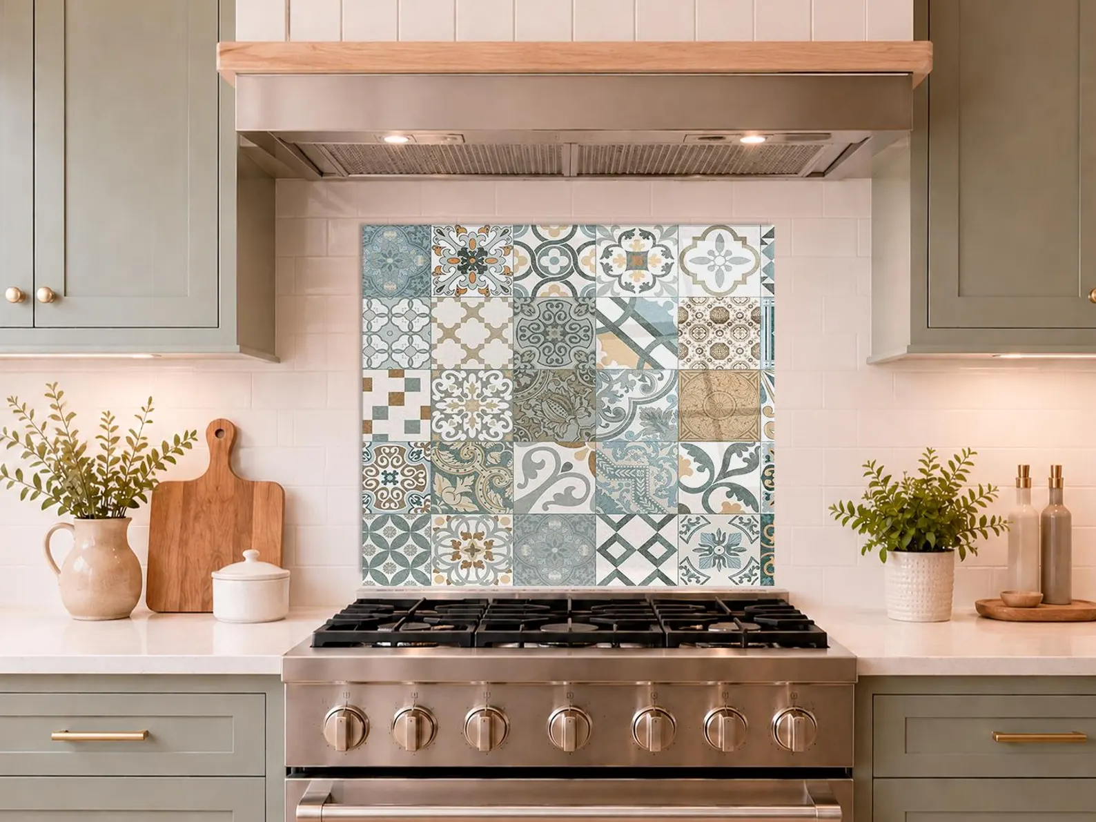 Popular kitchen backsplash idea featuring a patchwork tile design with mixed vintage-inspired patterns in soft blue, green, beige, and gray behind a stainless steel range.