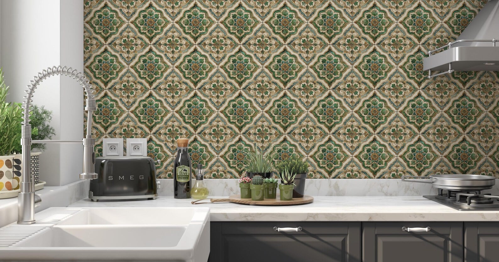 Popular kitchen backsplash idea featuring vintage-inspired patterned tiles in rich green, cream, and warm brown tones paired with white countertops and dark cabinets.