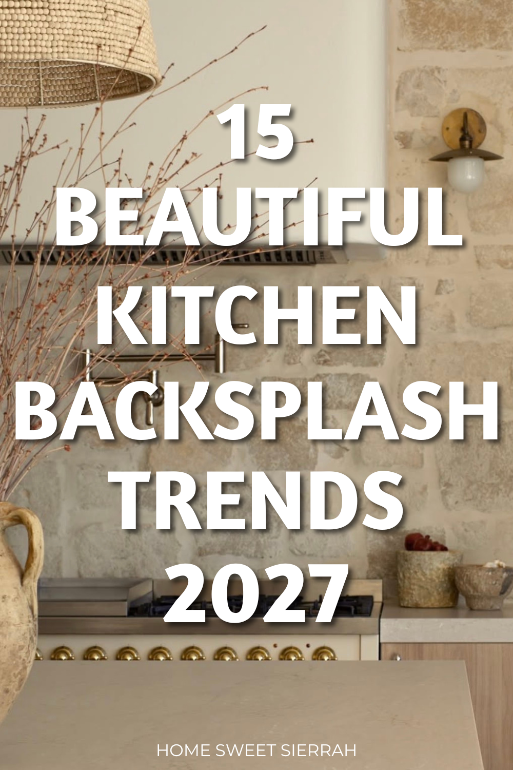 Popular kitchen backsplash ideas for 2027 featuring a warm neutral kitchen with a rustic natural stone backsplash, light wood cabinetry, and brass accents.