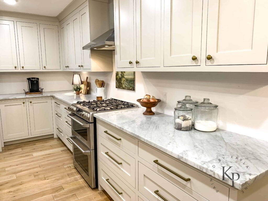 Kitchen cabinets painted in Benjamin Moore revere pewter.